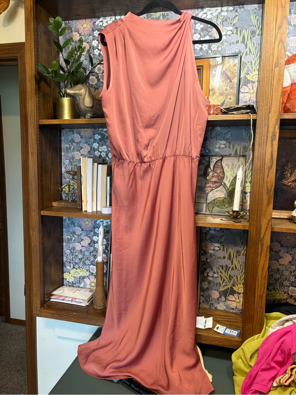 Asymmetrical high neck satin midi dress